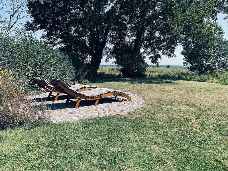 Zwei Sonnenliegen auf der hinteren Terrasse